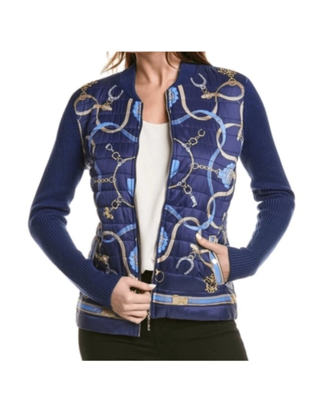 J Mclaughlin Andi Jacket SZ LRG Fairfax Crest Puffer Zip Chain Equestrian